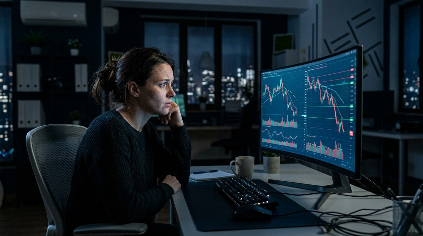 Pessoa preocupada a analisar ações via corretoras